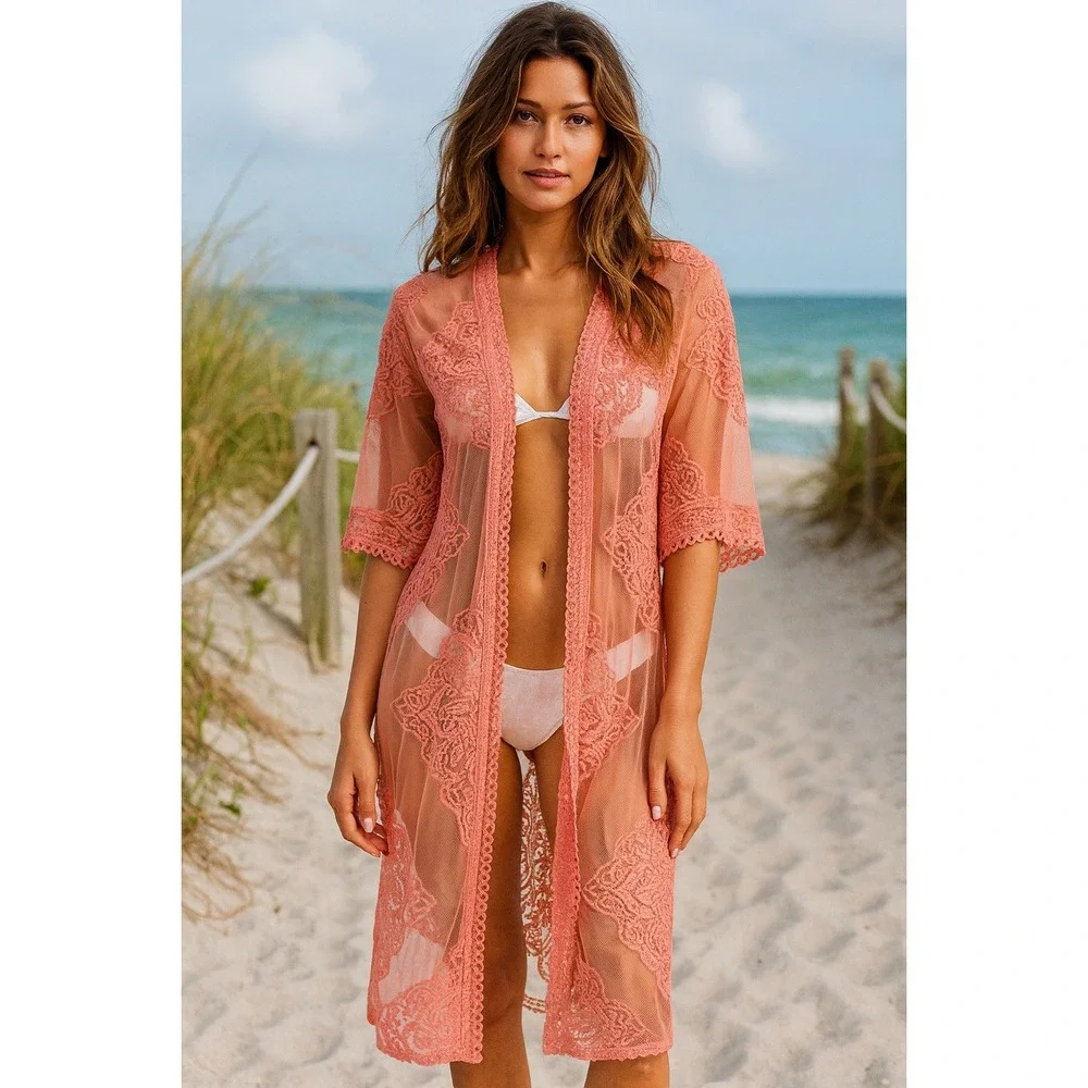 Pink Crochet Lace Overlay Kimono Cardigan Cover Up S M Romantic NWT Elegant Boho